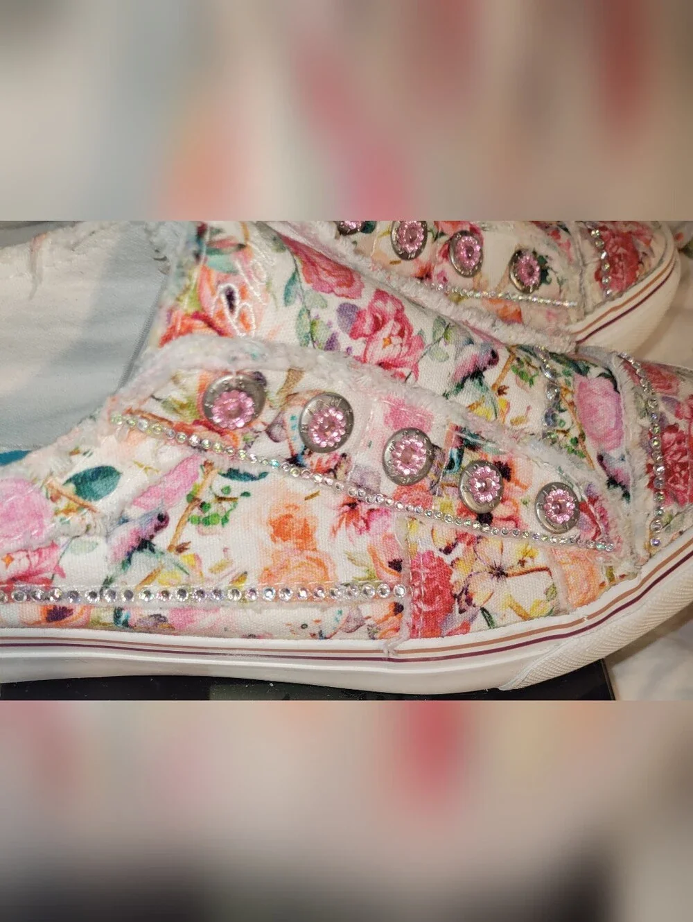 Custom Rhinestone Embellished Floral Blowfish Floral Print Sneakers Size 7.5 - Picture 9 of 12